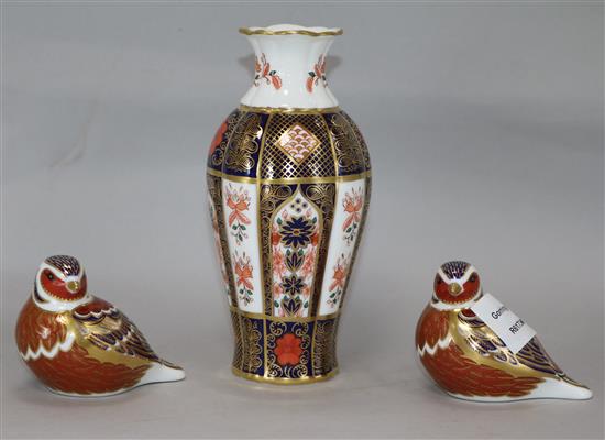 A Royal Crown Derby Old Imari vase and two bird paperweights